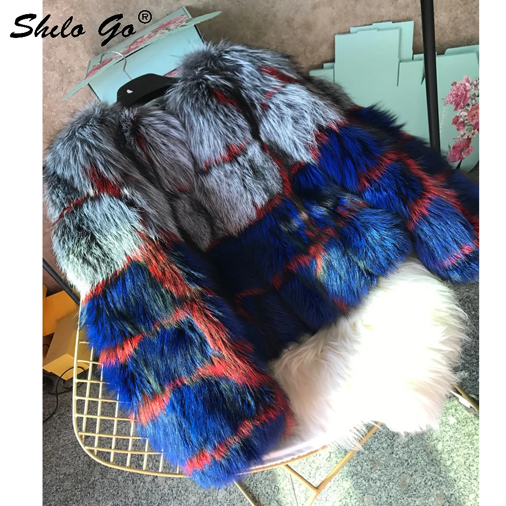 

Streetwear Fur Coat Womens Winter Fashion Real Sliver Fox Fur Long Sleeve Contrast Color Coat Concise Warm Female Plaid Outwear