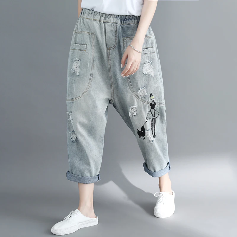 

Plus Size 2020 Summer New Denim Women Jeans Hole Embroidery Harem Lady Pants Blue Jeans Top Quality