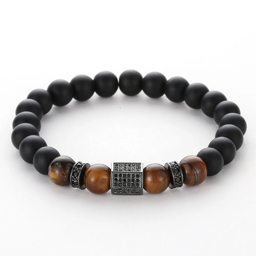 

HOBBORN Trendy Men Wrist Bracelet 8mm Natural Tiger Eye Lava Stone Mix Handmade Strand Elasticity Healing Reiki Unisex Bracelets