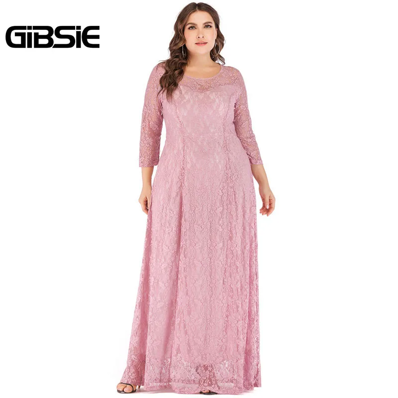 Розовый GIBSIE женское элегантное кружевное вечернее платье 6XL 5XL 4XL с круглым вырезом и рукавом 3/4, длинное платье макси размера плюс, женская одежда - Цвет: Розовый