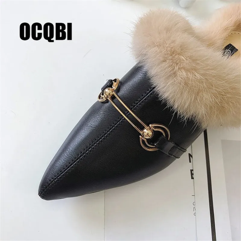 2018 зимние женские тапочки с острым носком модная обувь на плоской подошве из