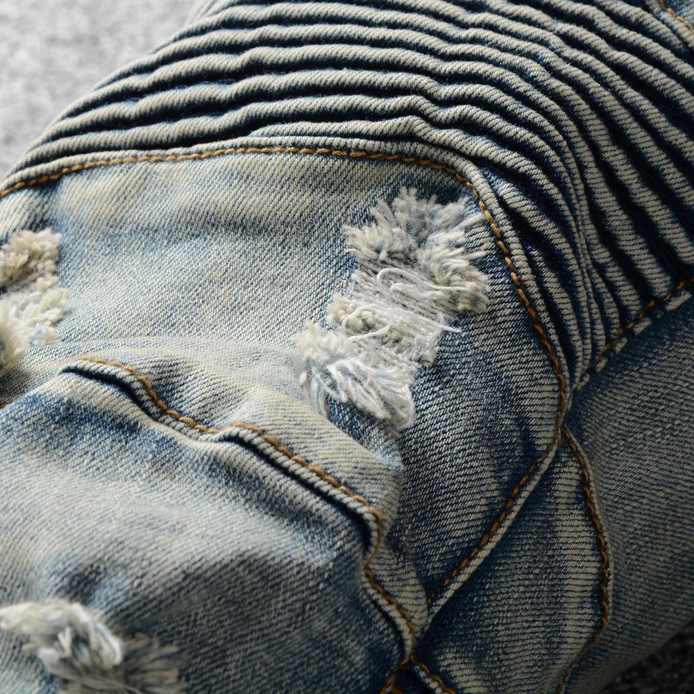 Sokotoo Men's vintage light blue holes ripped biker jeans for motorcycle Casual pleated torn stretch denim slim pants | Мужская