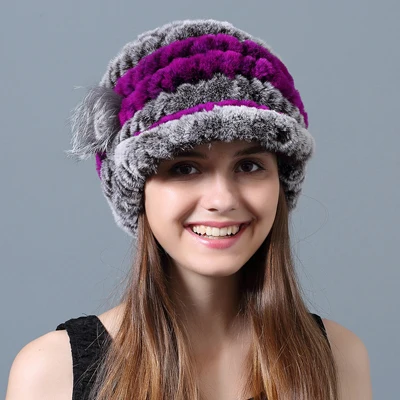 Brown Purple Зимние шапки, шапочки, настоящий мех кролика, цветы, в полоску, вязаная шапка из кроличьего меха, шапки, повседневные, натуральный мех, женская шапка для русской зимы - Цвет: Brown Purple