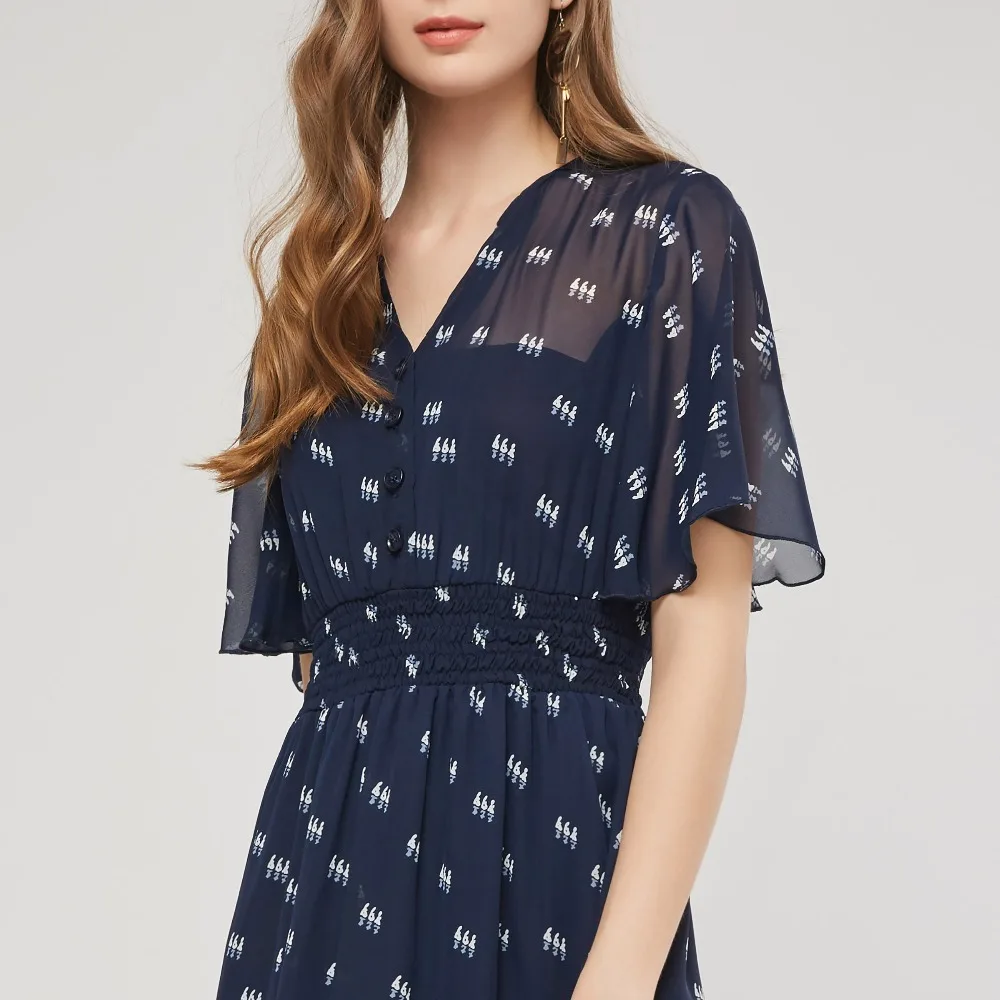 Для женщин летние платье с рукавом рюшами V шеи Boho Повседневный шифоновый пляжный