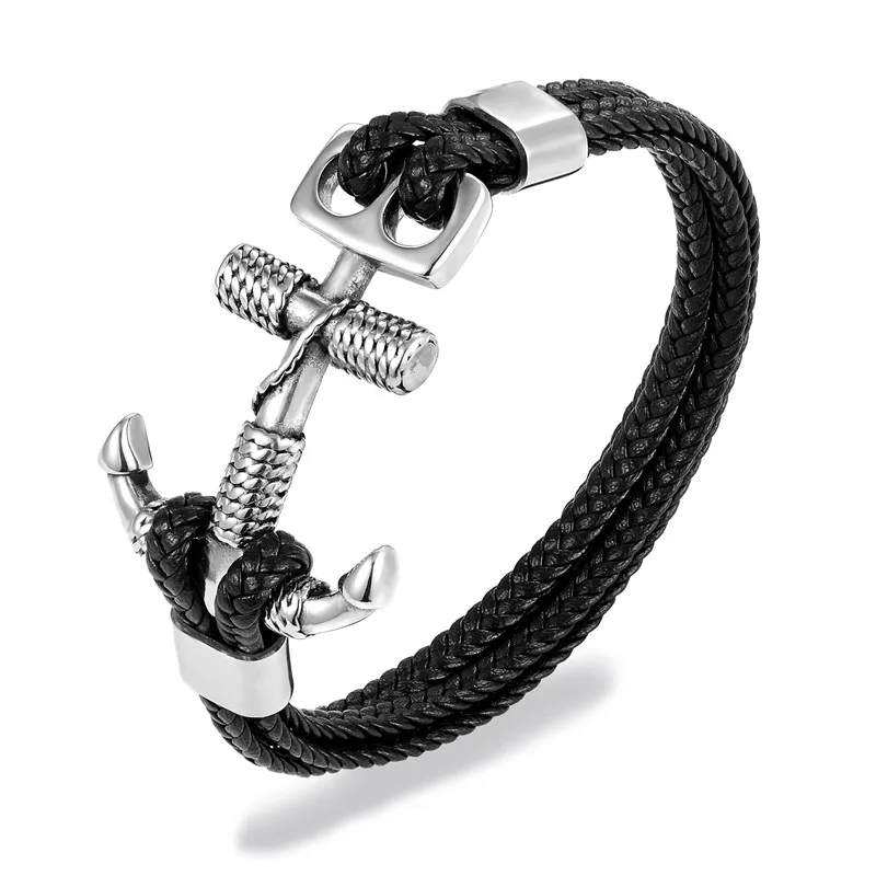Silver Anchor Модный кожаный браслет с якорем для мужчин черная косичка многослойная веревочная цепь из нержавеющей стали аксессуары для животных мужские ювелирные изделия подарки - Окраска металла: Silver Anchor