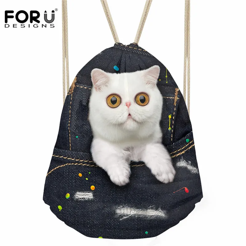FORUDESIGNS/Модная женская сумка на шнурке, черная джинсовая сумка для хранения с принтом кота, мягкие пляжные сумки, Детские повседневные Рюкзаки-мешки для мальчиков и девочек - Цвет: CC3322Z3