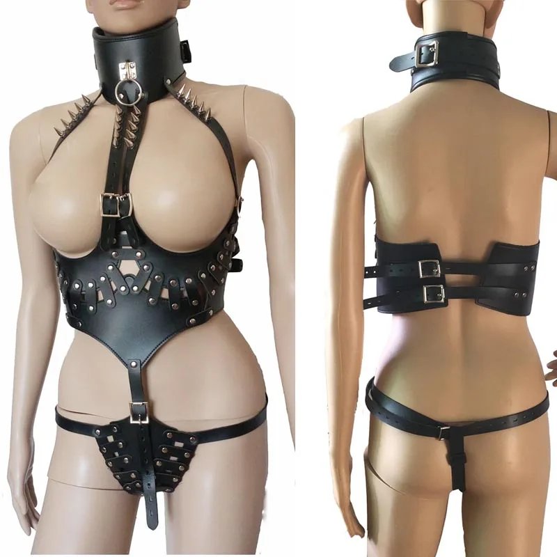 

Women PU Leather Metal Spikes Mistress Teddy with Choker Collar Open Body Harness Restraint Kinky Fetish Costume