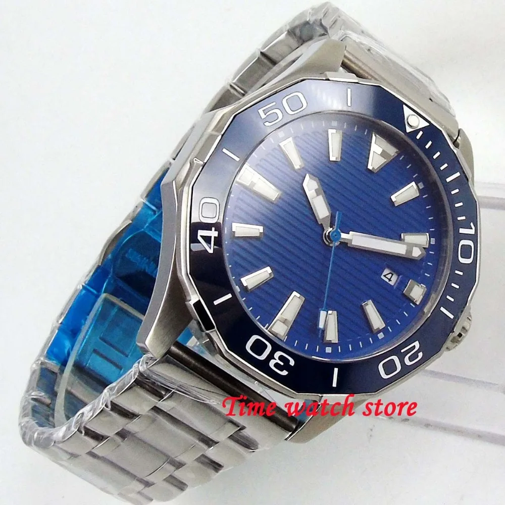 Твердые 45 мм многоугольные мужские часы синий циферблат сапфировое стекло