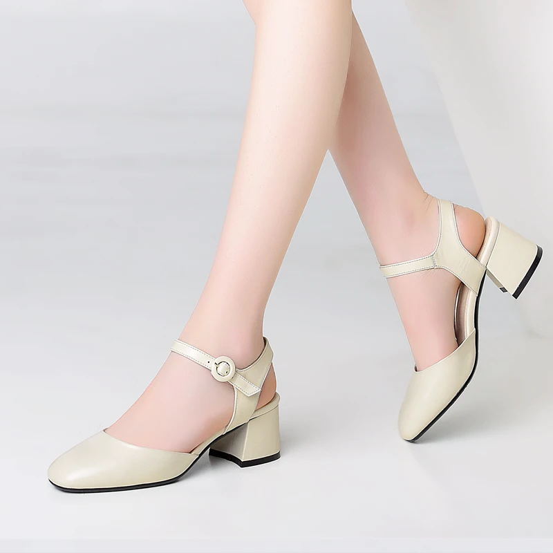 Women Closed toe Sandals Genuine Leather Square Heel High Heels Gladiator Cow Sandalias Mujer 2019 | Обувь