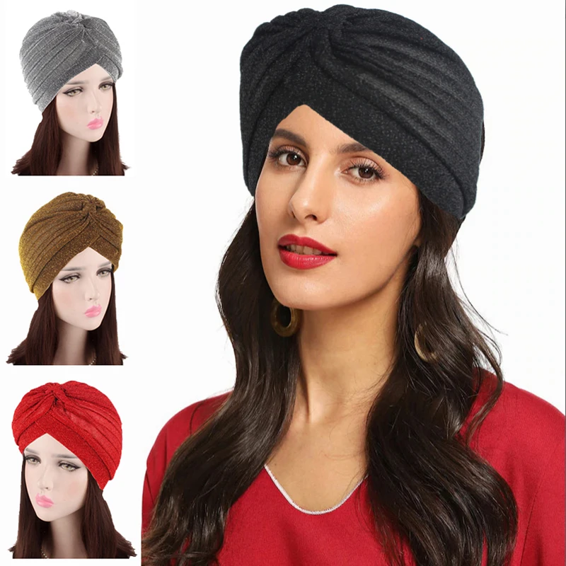 Vintage Glitter Turban for Women Headband Hair Accessories Headwear Fashion Woman Cotton Wrap Turbans Hat Cap Lady 2019| |