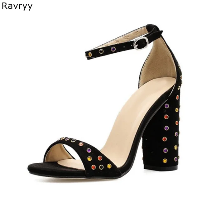

Crystal Shoes wedding Summer black suede Woman sandals rhinestone decor thick heel Sexy Pumps female high heels dress shoes