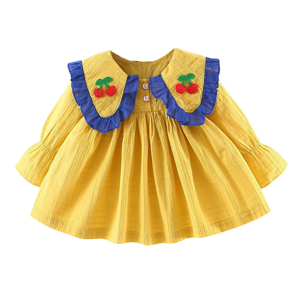 Toddler Baby Kids Girls Ruched Cherry Doll Collar Dresses Casual Clothes