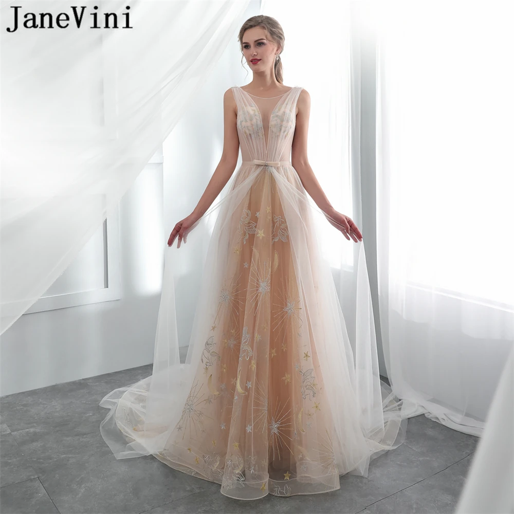 

JaneVini Sexy Champagne Long Bridesmaid Dresses A Line Sheer Scoop Neck Backless Court Train Illusion Tulle Formal Prom Gowns