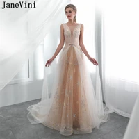 janevini sexy champagne long bridesmaid dresses a line sheer scoop neck backless court train illusion tulle formal prom gowns