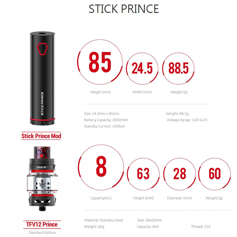 Оригинальный SMOK Stick Prince комплект со встроенным аккумулятором 3000 мАч 8 мл TFV12