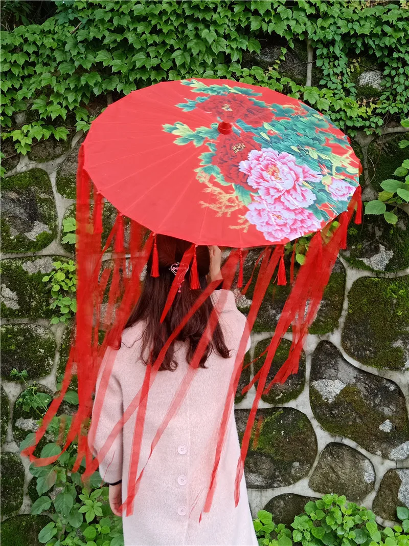 Реквизит зонтик для женщин лента кисточки древний костюм зонтик Cheongsam Hanfu шоу Зонтик Классический шелковый танец зонтик