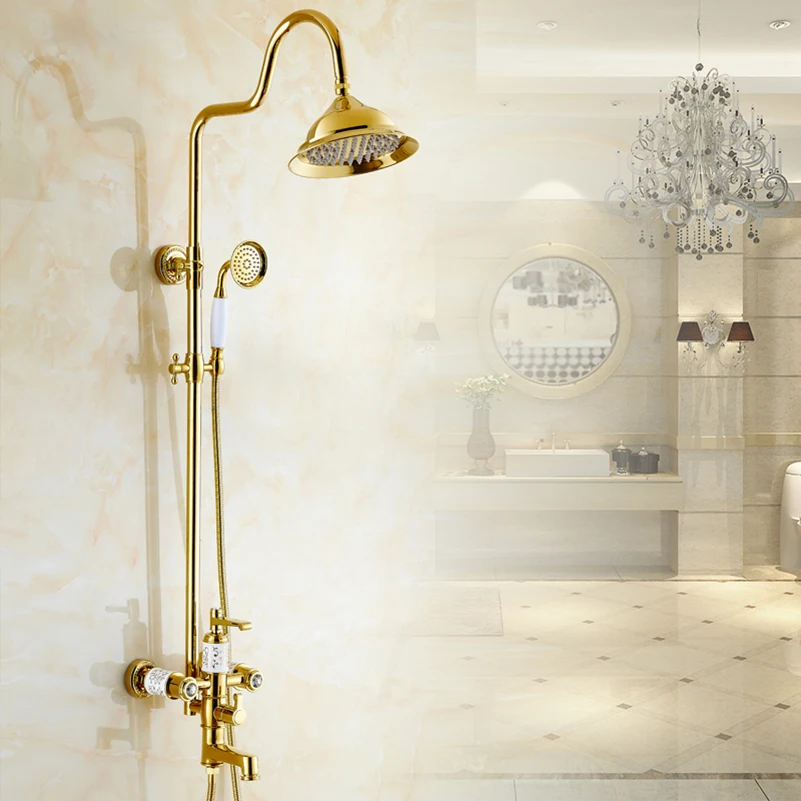 

FLG Gold Finishing 3 Function Shower Faucet. Golden Brass Made Shower Set.8 Inch Rain Shower Head Tub Mixer Faucet