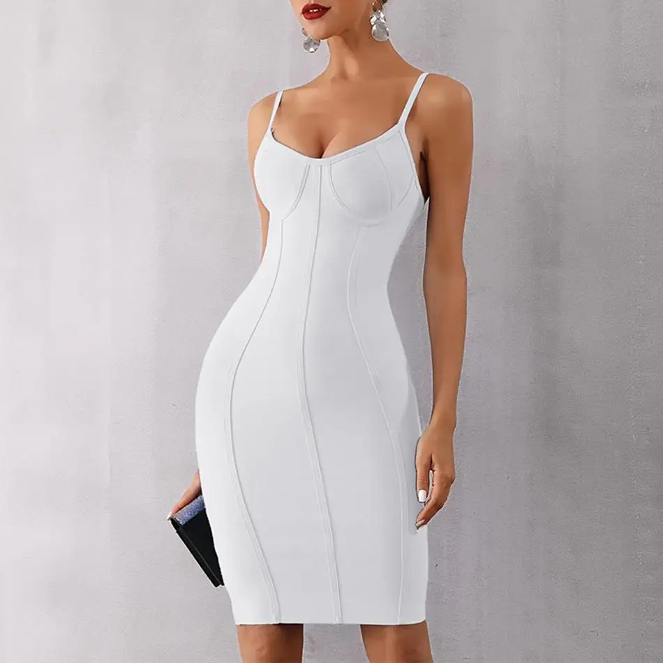 Женское коктейльное платье футляр синее Бандажное на бретелях спагетти с V