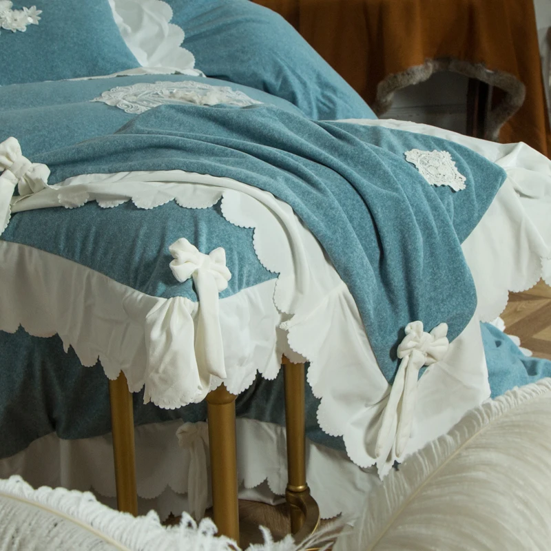 4Pcs Cotton wool hand-made lace Princess style luxury bedding sets queen king size duvet cover set pillowcase bedclothes | Дом и сад