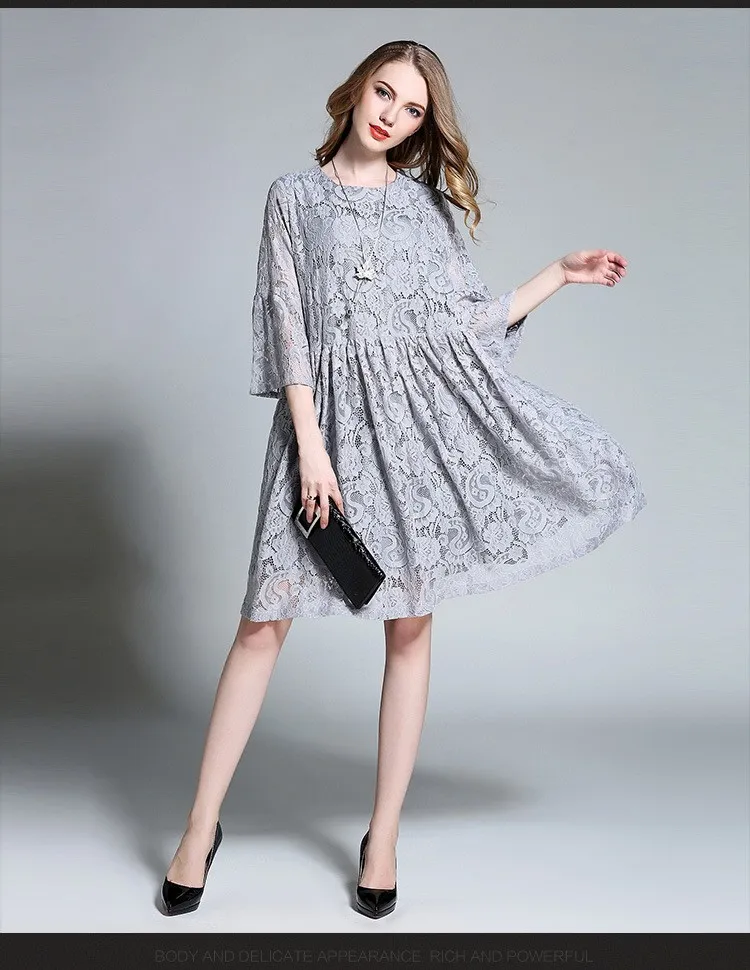 European design spring autumn women floral lace dresses plus size 4XL hollow lace women pleated dress gray blue color