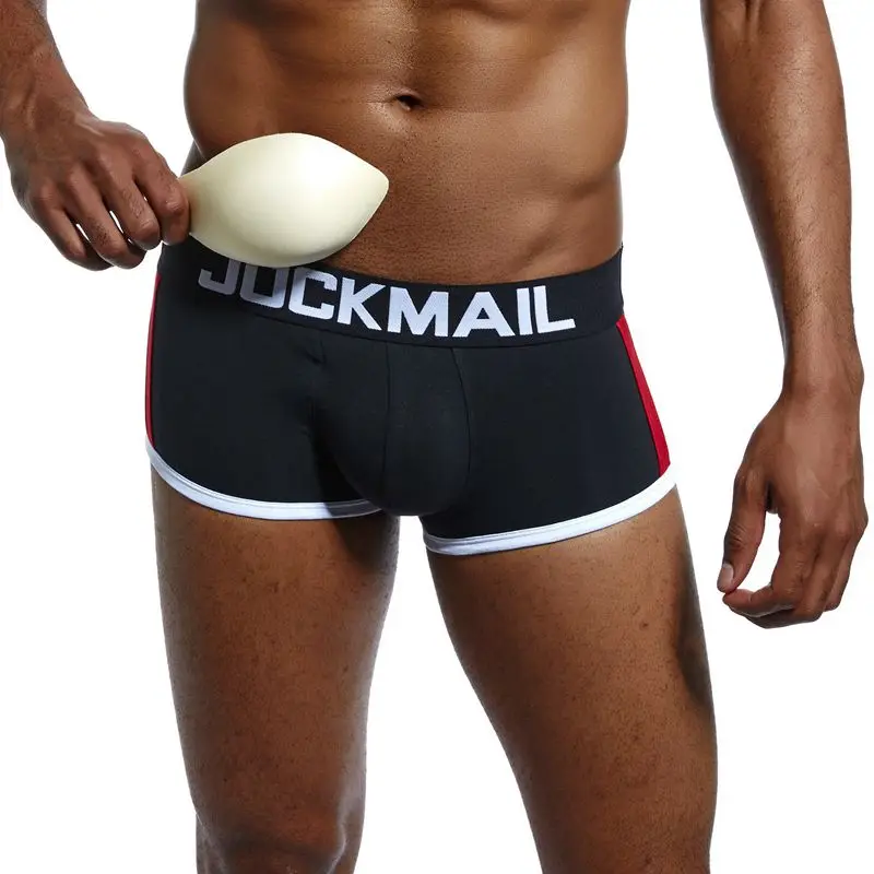 JOCKMAIL Брендовое сексуальное мужское нижнее белье с подкладкой, мужские боксеры, усиление выпуклости, боксерские шорты, Гей Нижнее белье, подарок, Передняя съемная чашка пуш-ап - Цвет: Черный