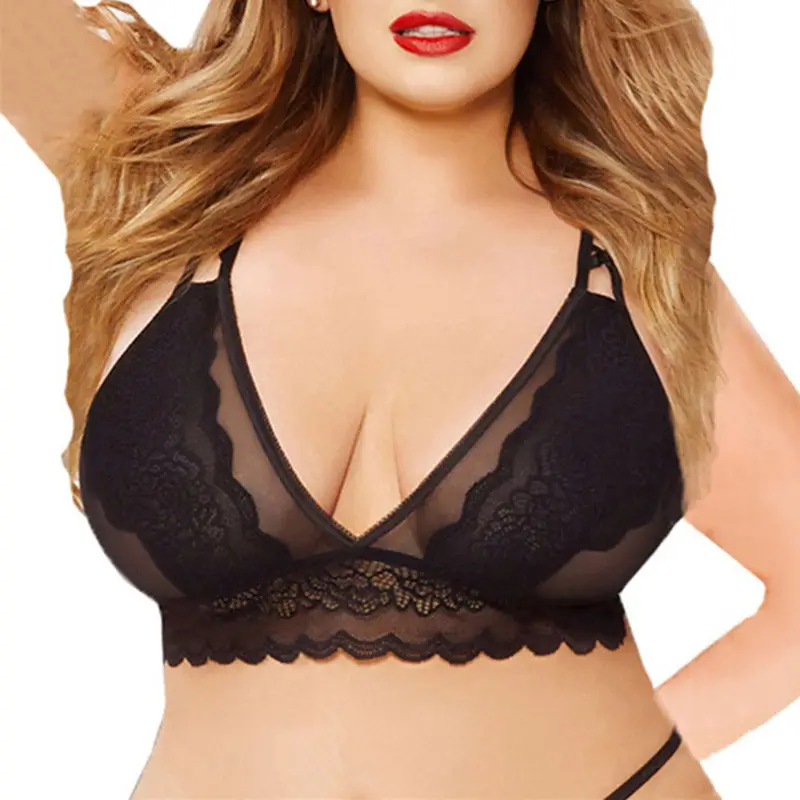Black Bra Сексуальный кружевной комплект с бюстгальтером для женщин, плюс размер, без косточек, бюстгальтер, нижнее белье, прозрачный бесшовный бюстгальтер с полыми трусиками, комплект нижнего белья в сеточку - Цвет: Black Bra