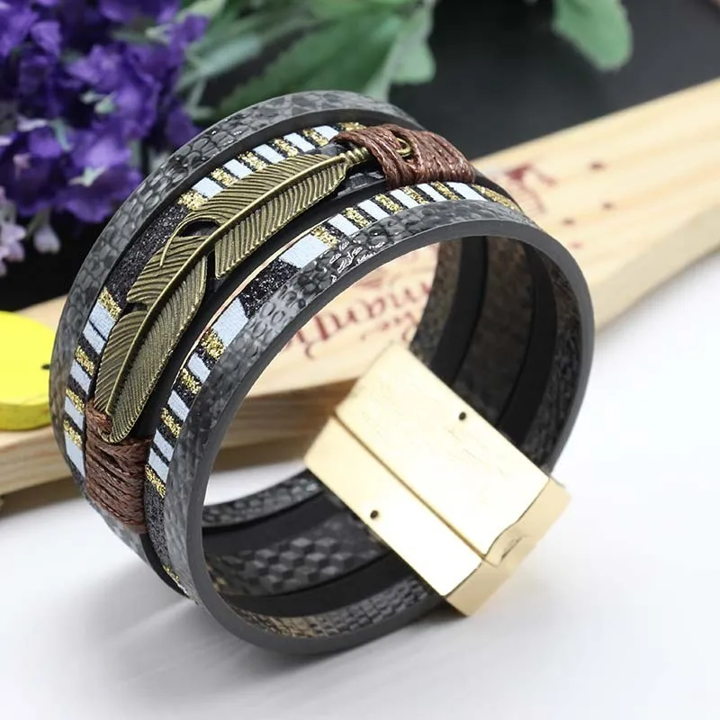 AINILIDAN Fashion Magnetic Button Leather Bracelets Handmade Braided Multilayer Wristband Bronze Feather Bracelet Bangles | Украшения и