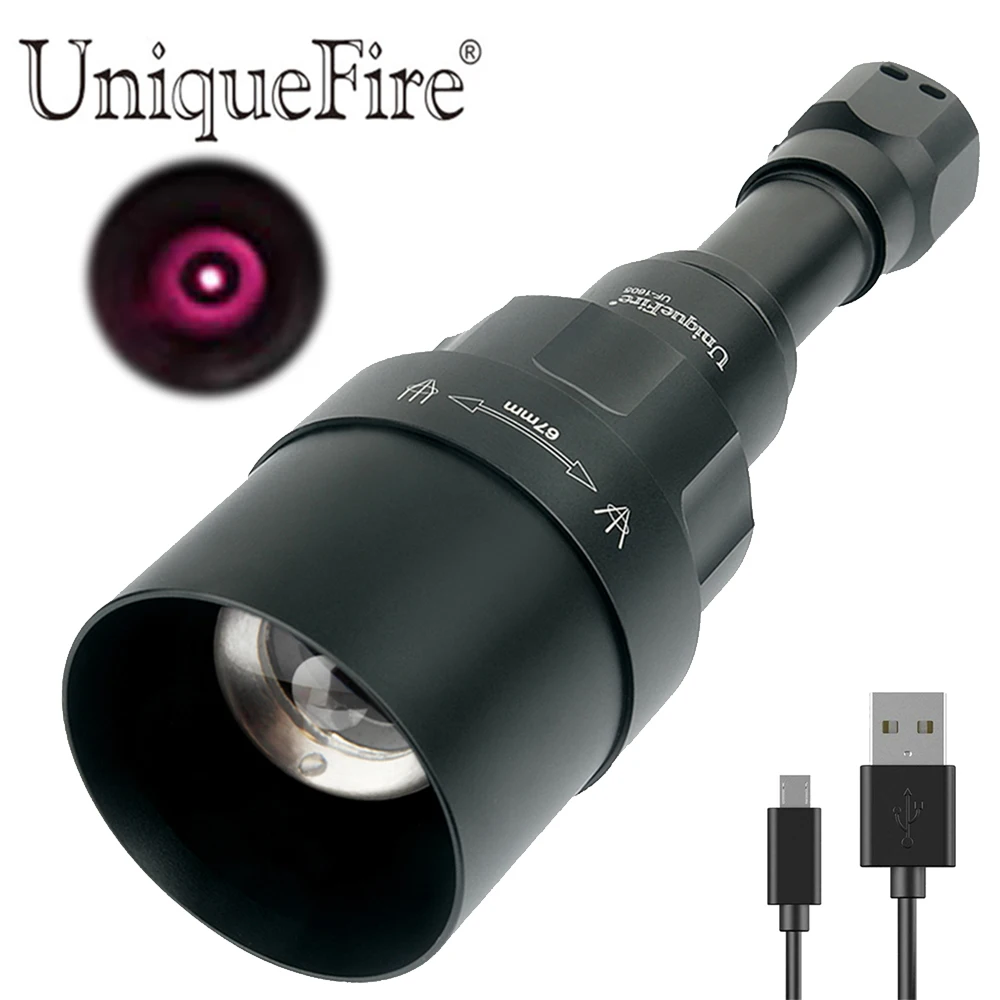 UniqueFire 1605 T67 IR 850NM Infrared Light 3 Modes Night Vision Flashlight with USB Interface Direct Charging Cable For Hunting