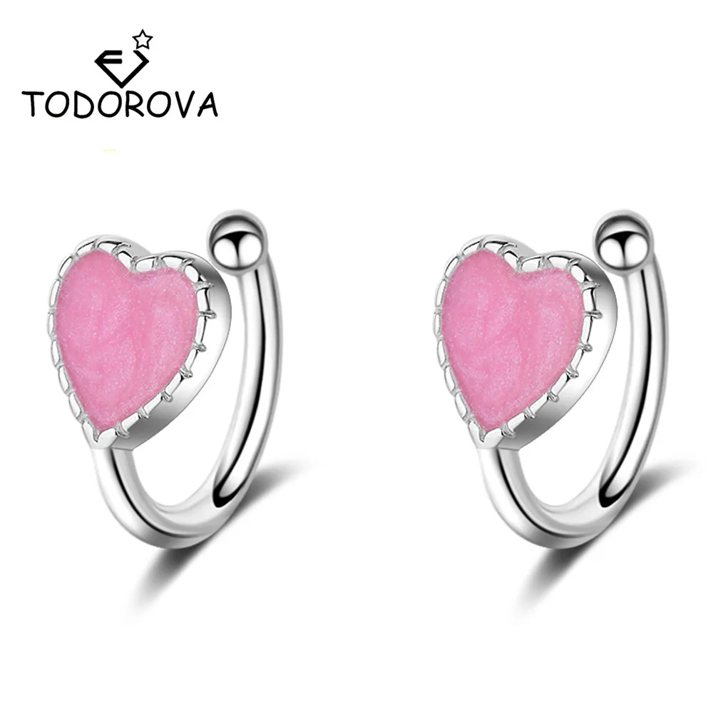 Todorova    Pink Green Enamel Love Heart Clip on Earrings Without Piercing Women Earrings No Hole Ear Clip