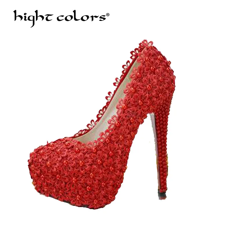 

6cm/8cm/11cm/14cm Women Fashion Sweet Red White Pumps Flower Lace Platform High Heels Pearls Wedding Shoes Bride Dress Shoes