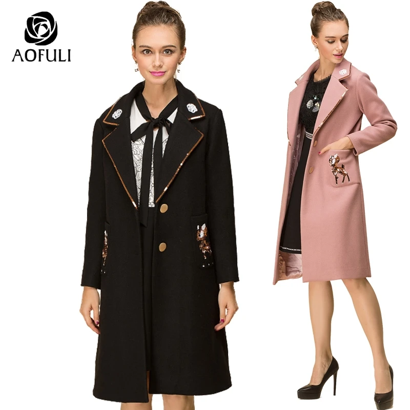 AOFULI M Xxxl 4xl 5xl женское длинное шерстяное пальто с блестками и оленем Длинные Топы