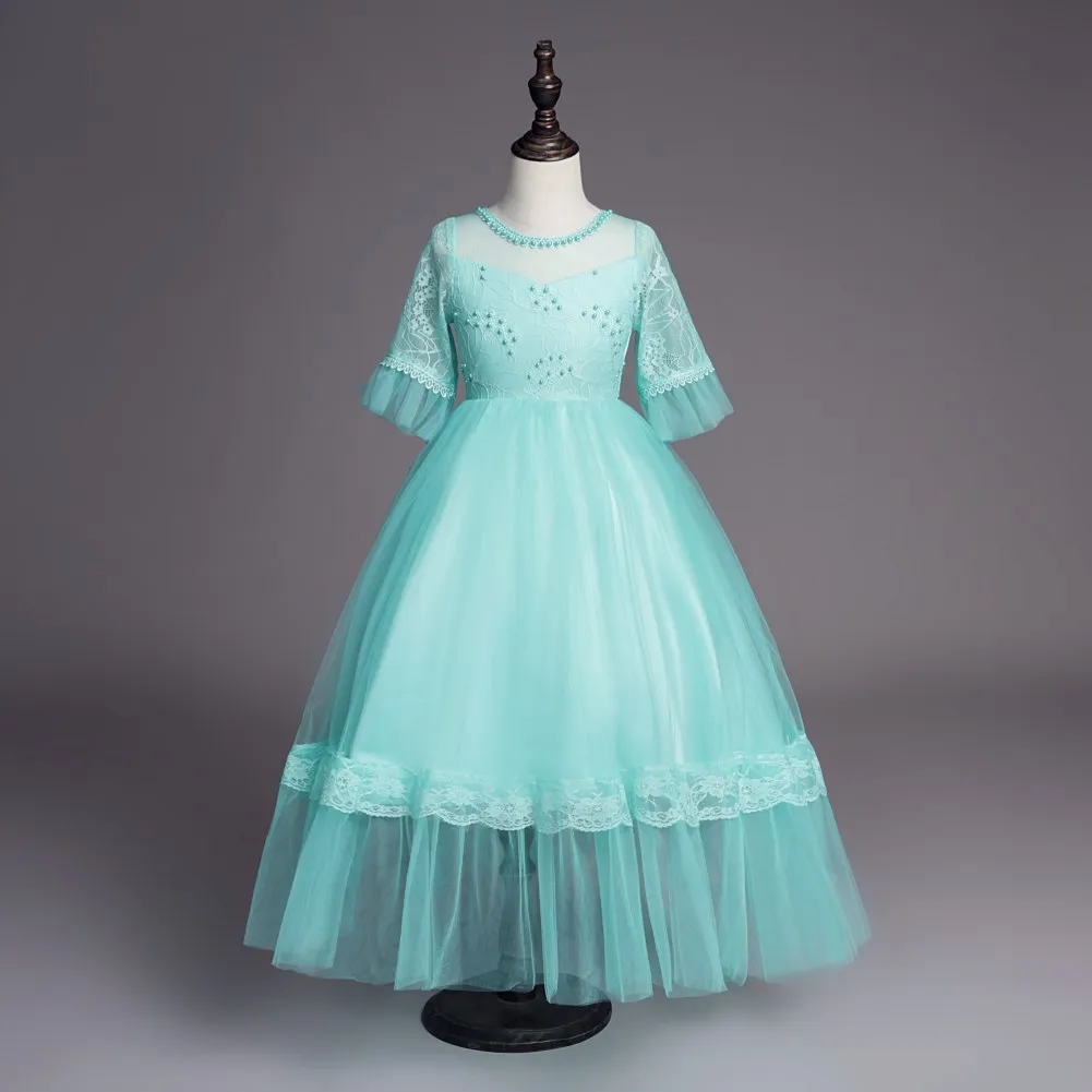 Pearls Appliques Princess Girls Evening Party Dress Children Flower Dresses for Weddings Ball Gown Kids Vintage | Детская одежда и
