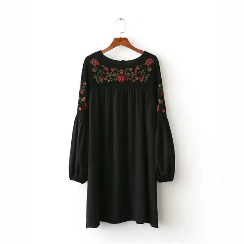 Новые Моды для Женщин Урожай Цветочные Вышивка Свободные Плиссе Dress Plack Фонарь