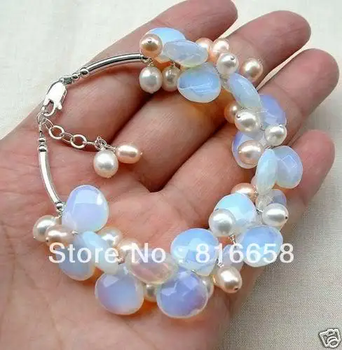 Изысканный браслет из пресноводного и розового жемчуга с лунным камнем |pink