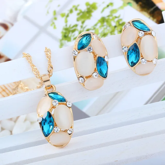 Luxurious Designer Jewelry sets Gold Color Chain with Opal and Colorful Crystal Water Drop Pendant Necklace and Stud Earrings 5
