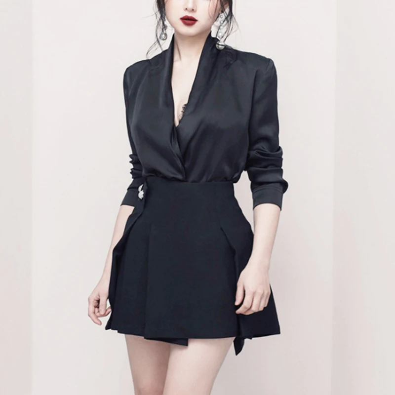 INDRESSME 2018 новые женские черные платья с V образным вырезом длинным рукавом Мини