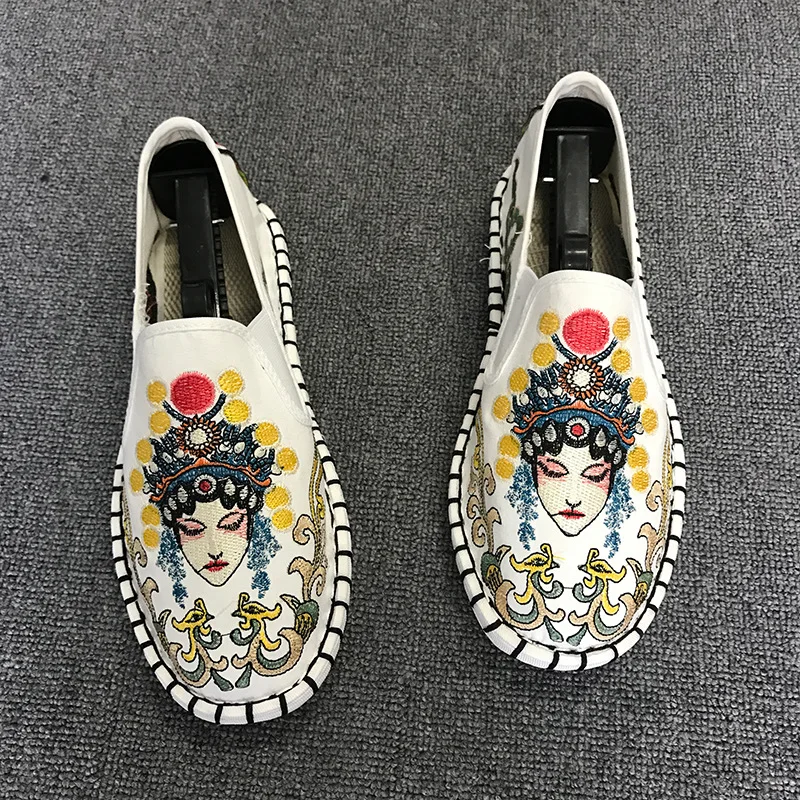 Mexemina Chinese Opera Embroidery Women Canvas Loafers Shoes Ladies Comfort Slip-on Flats Woman Soft Cotton Embroidered | Обувь