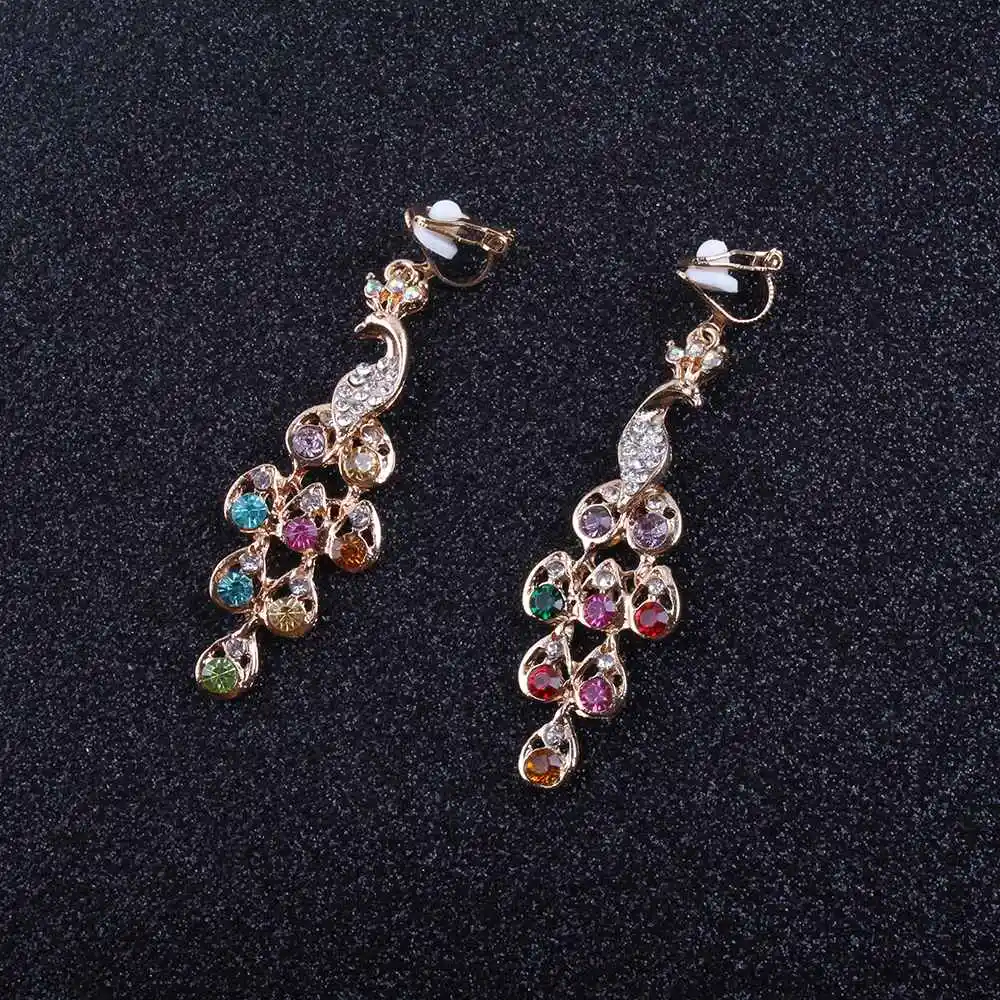 Clip Earrings JIOFREE заколка в виде пера павлина на сережках этнические длинные на заколке горный хрусталь кристалл винтажные вечерние манжеты Свадебные богемные серьги для женщин - Окраска металла: Clip Earrings