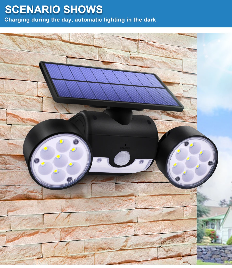 30LED Solar Light Dual Head Solar Lamp PIR Motion Sensor Spotlight Waterproof Outdoor Adjustable Angle Lights For Garden Wall