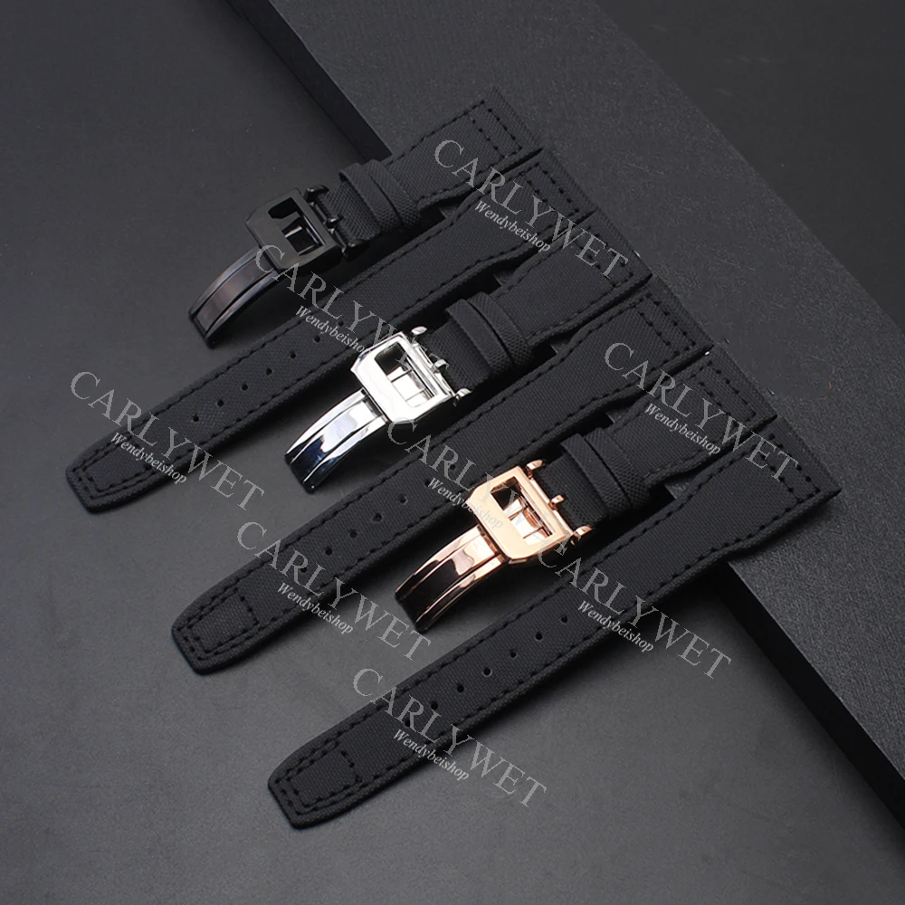 CARLYWET 22mm Black Nylon Fabric Leather Band Wrist Watch Band Strap Belt For PILOT'S WATCHES/Portugieser PORTUGUESE