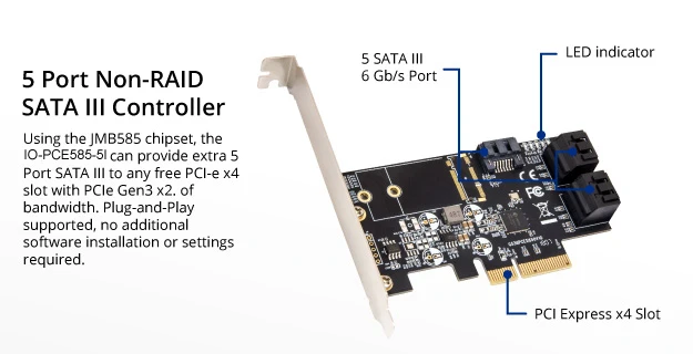 IOCREST SATA III 6g 5 портов плата контроллера PCIe 3,0x4 Плата расширения с низкопрофильным кронштейном