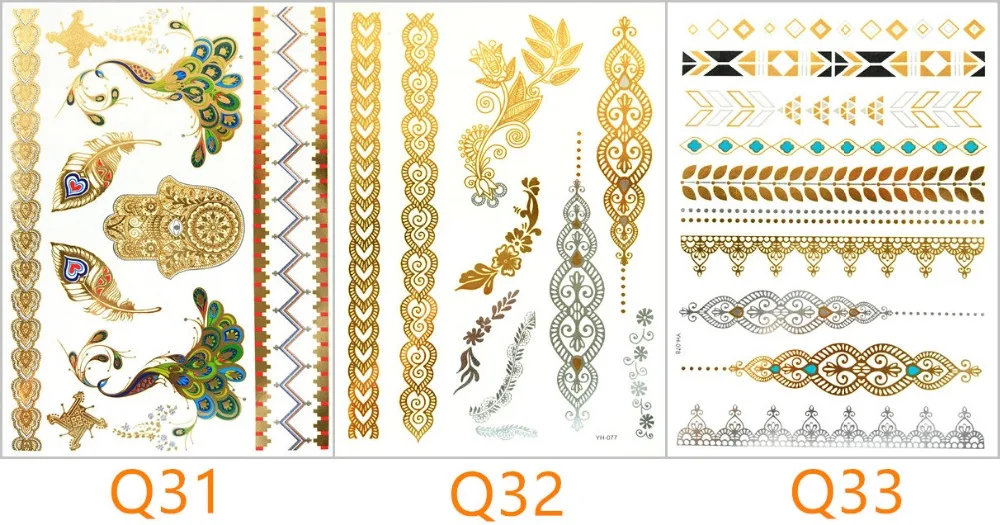 3 pcs lot DIY Flash Tattoo Gold Silver Metal Temporary Tattoos colorful golden bracelet butterfly flowers for girls tattoo31-33 | Красота и