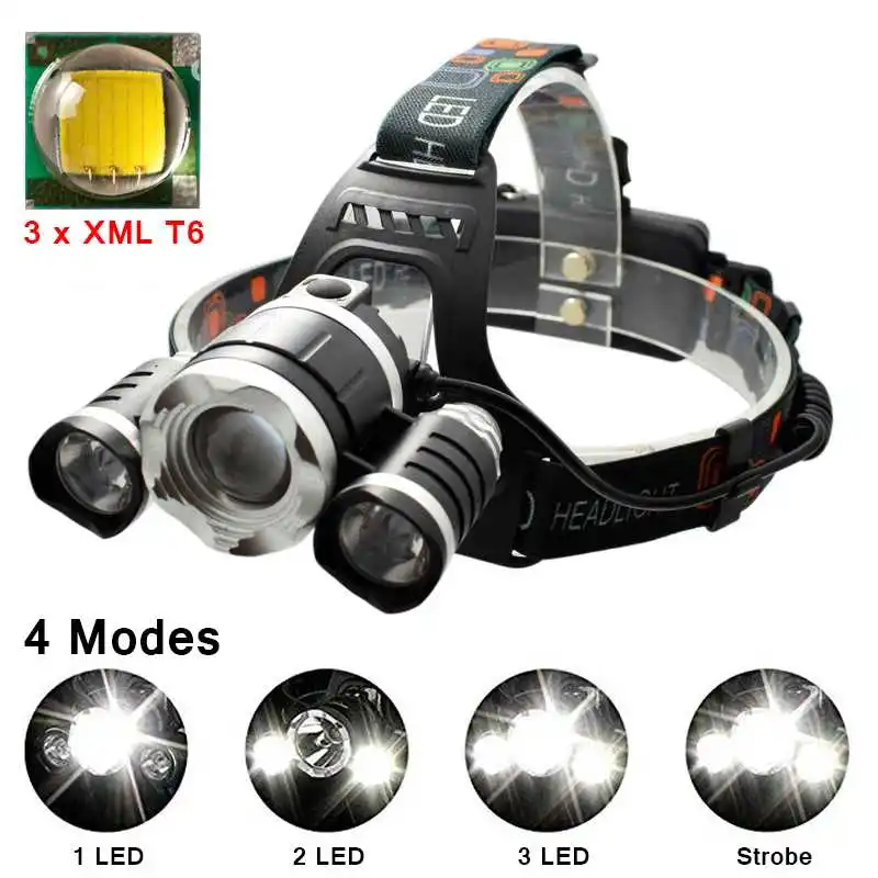3 LEDs налобная фара xm l T6 +2* Q5 фонарь налобный перезаряжаемый Налобный фонарик