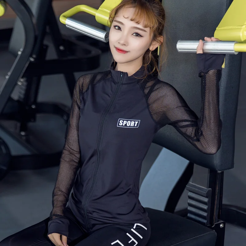 Осенне зимняя женская футболка для бега с длинным рукавом Спортивная сетчатая