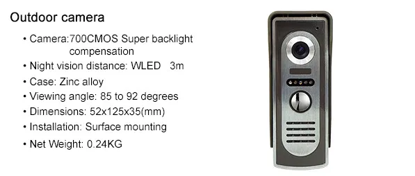 7 Inch Monitor Zinc Alloy 700TVL Camera Wired Intercom Video Door Phone XSL-70F-M 1V5