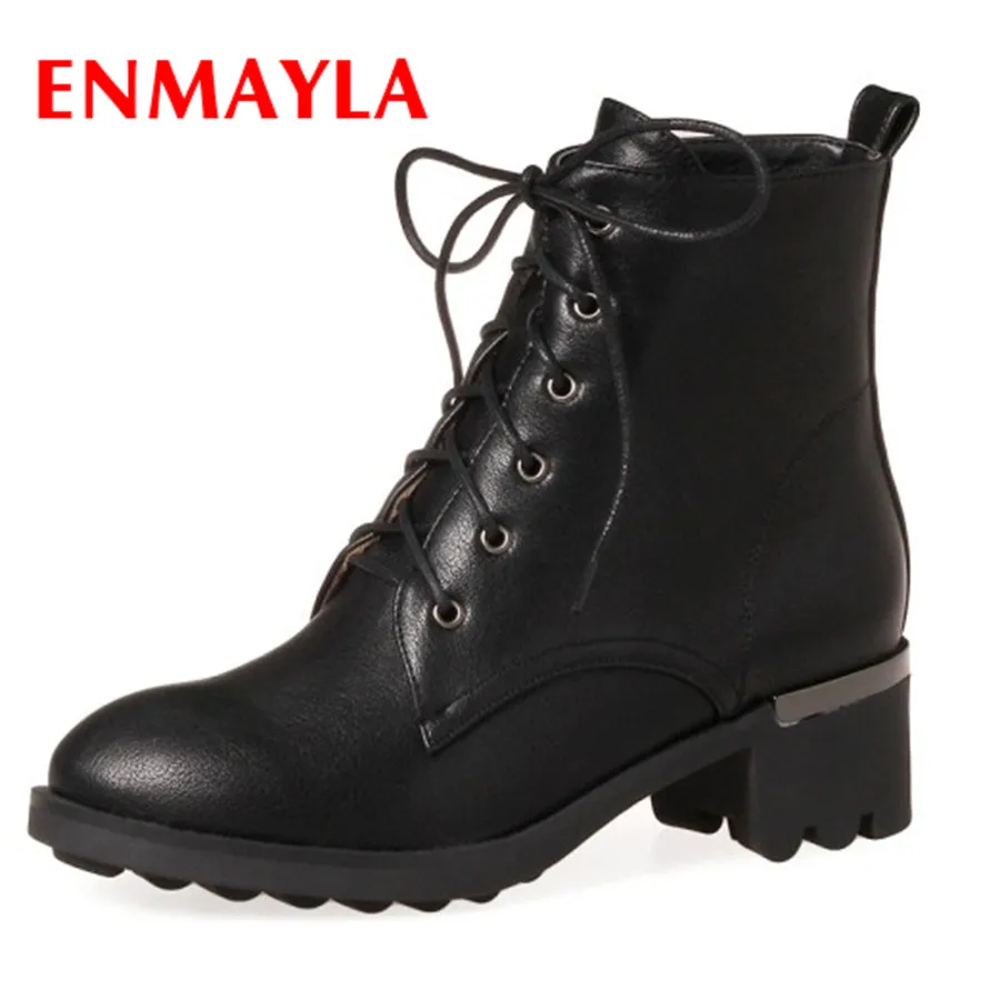 

ENMAYLA New Square Heel Lace Up Boots Women Solid PU Shoes Round Toe Ankle Boots Winter Black Grey Women Casual Flats Shoes