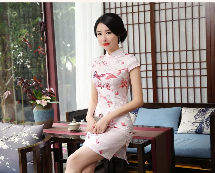 Шэн Коко розовый Qipao мини платье шаблон короткие Cheongsam с модным принтом жаккардовые хлопок питания XXL лето Китай