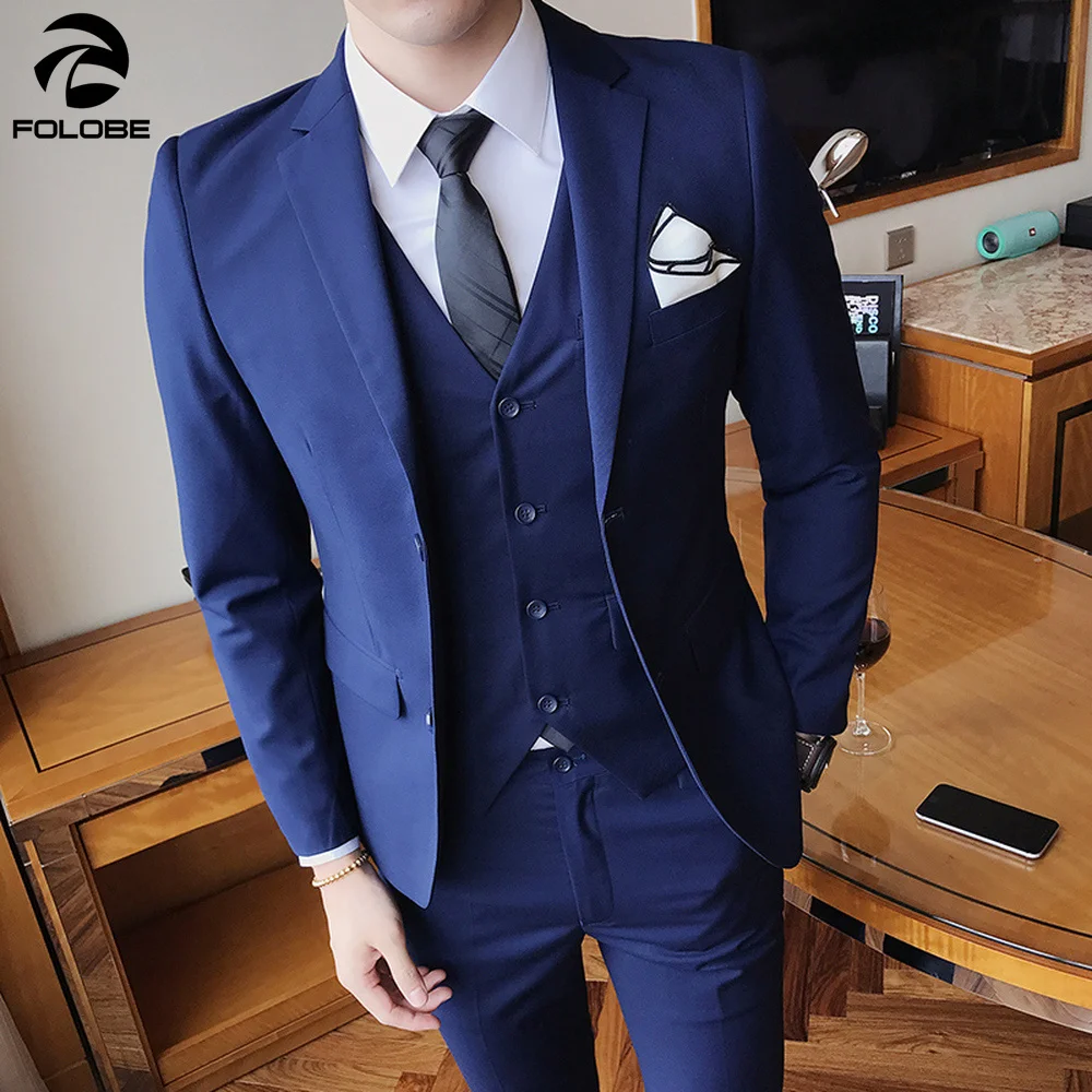 Solid Color slim fit male 3 piece suits wedding dress men Business Casual blazer Wedding Prom Dinner Suits Groomsman Wear tuxedo | Мужская