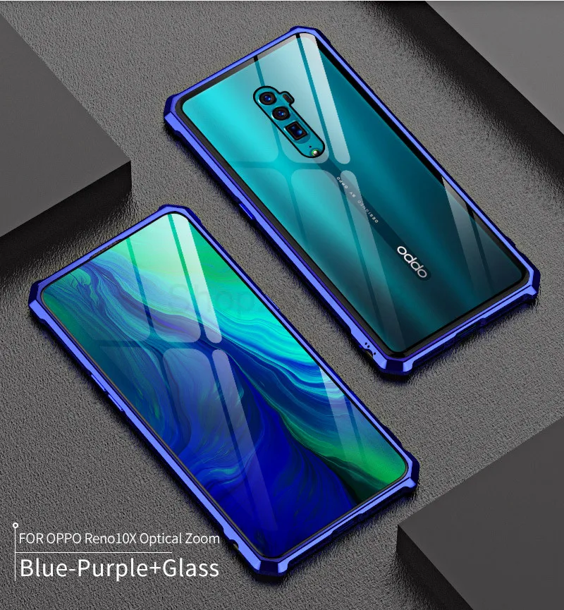 Роскошный Алюминиевый металлический бампер, защитный чехол для OPPO Reno 10x Zoom, чехол, противоударный, прозрачный, стеклянный, задняя крышка, OPPO Reno 10X Zoom coque