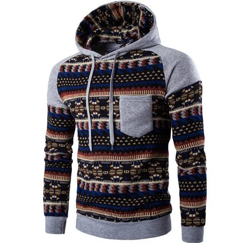 Hooded Men Tops Fashion Geometry Print Stitching Sweatshirts Slim Men's for Hoodies | Мужская одежда